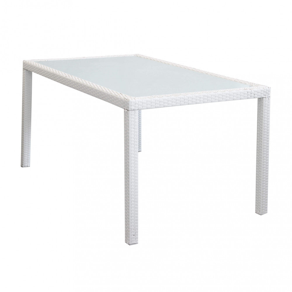 Tavolo da Giardino Rettangolare 150x90 cm in Wicker e Acciaio con Piano in Vetro