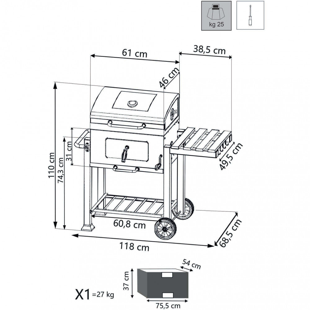 Barbecue a carbonella antracite acciaio 115x67x107.5 cm