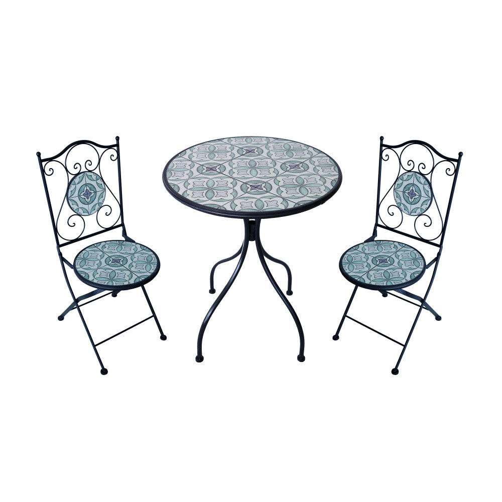 Set bistrot 2 sedie e tavolo rotondo Ø 60 cm bianco azzurro pieghevole