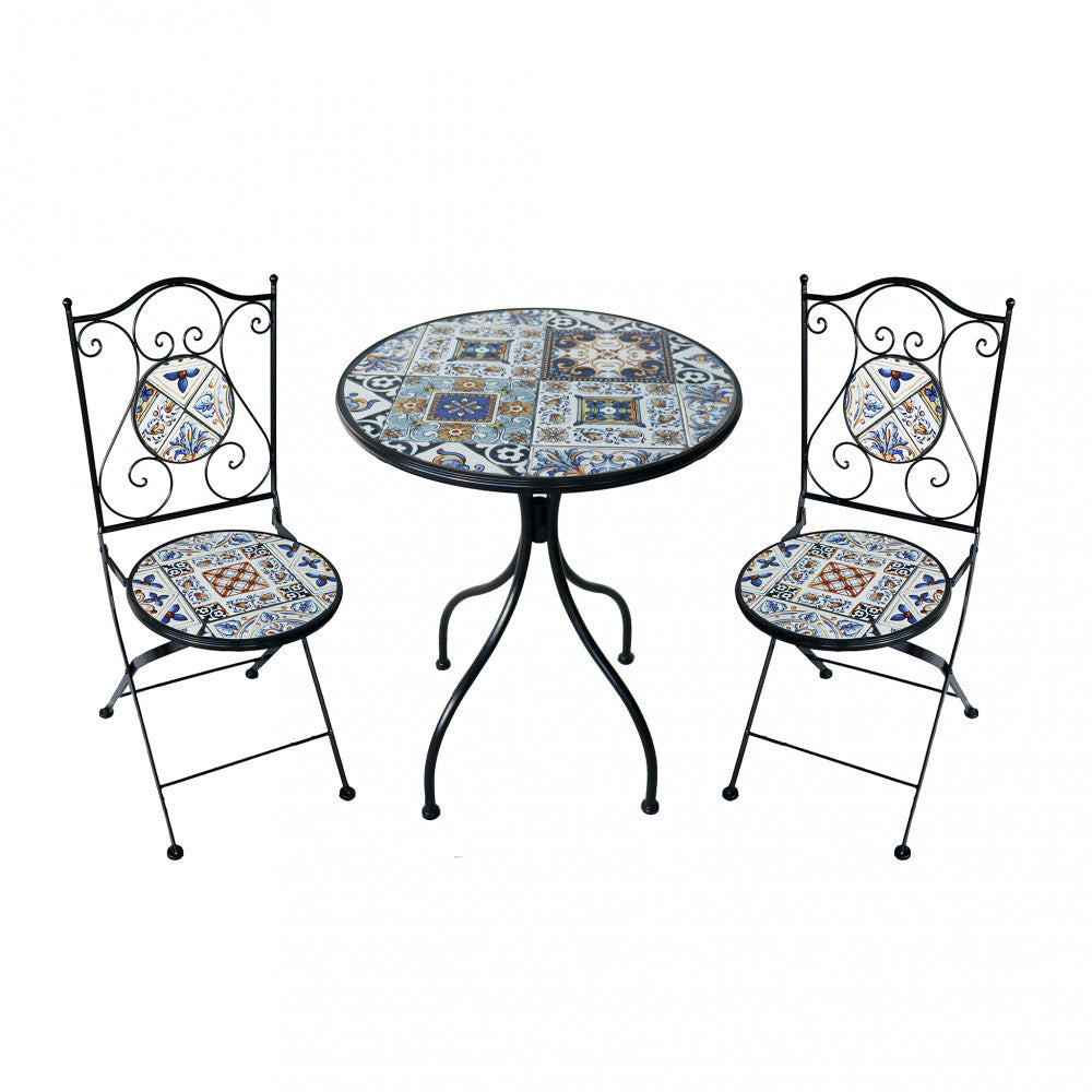 Set bistrot 2 sedie e tavolo rotondo Ø 60 cm blu/bianco pieghevole