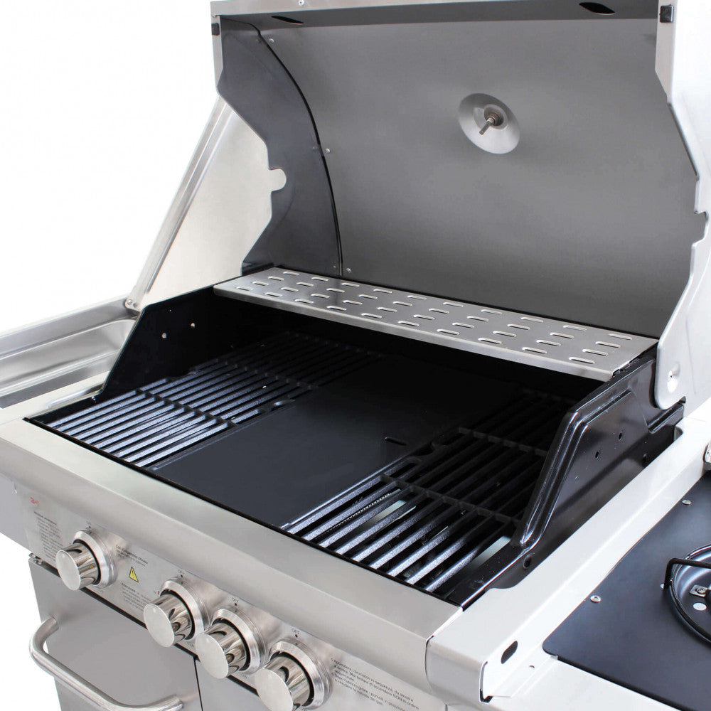 Barbecue a gas 4 fuochi in acciaio inox con griglie e piastra in ghisa