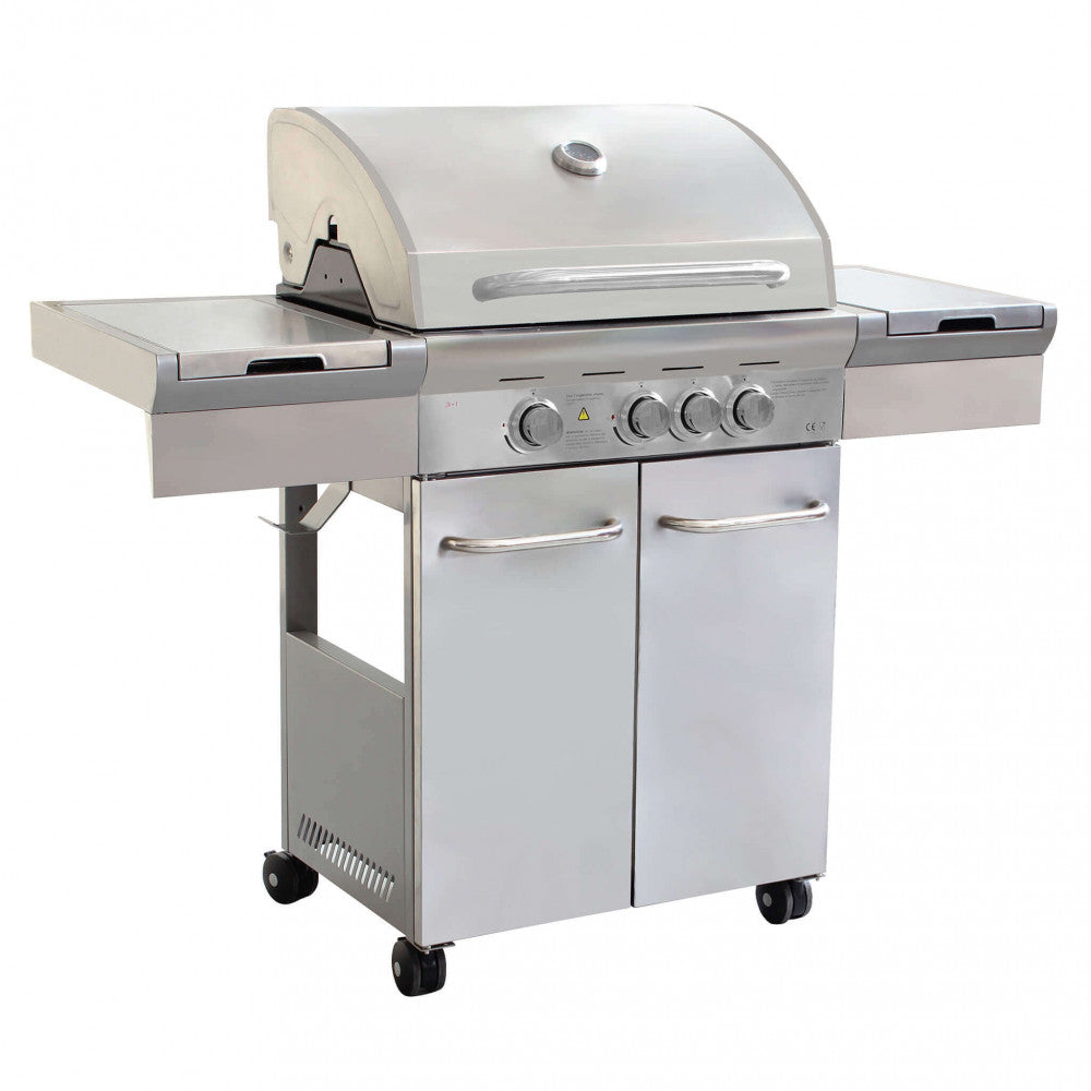 Barbecue a gas 4 fuochi in acciaio inox con griglie e piastra in ghisa