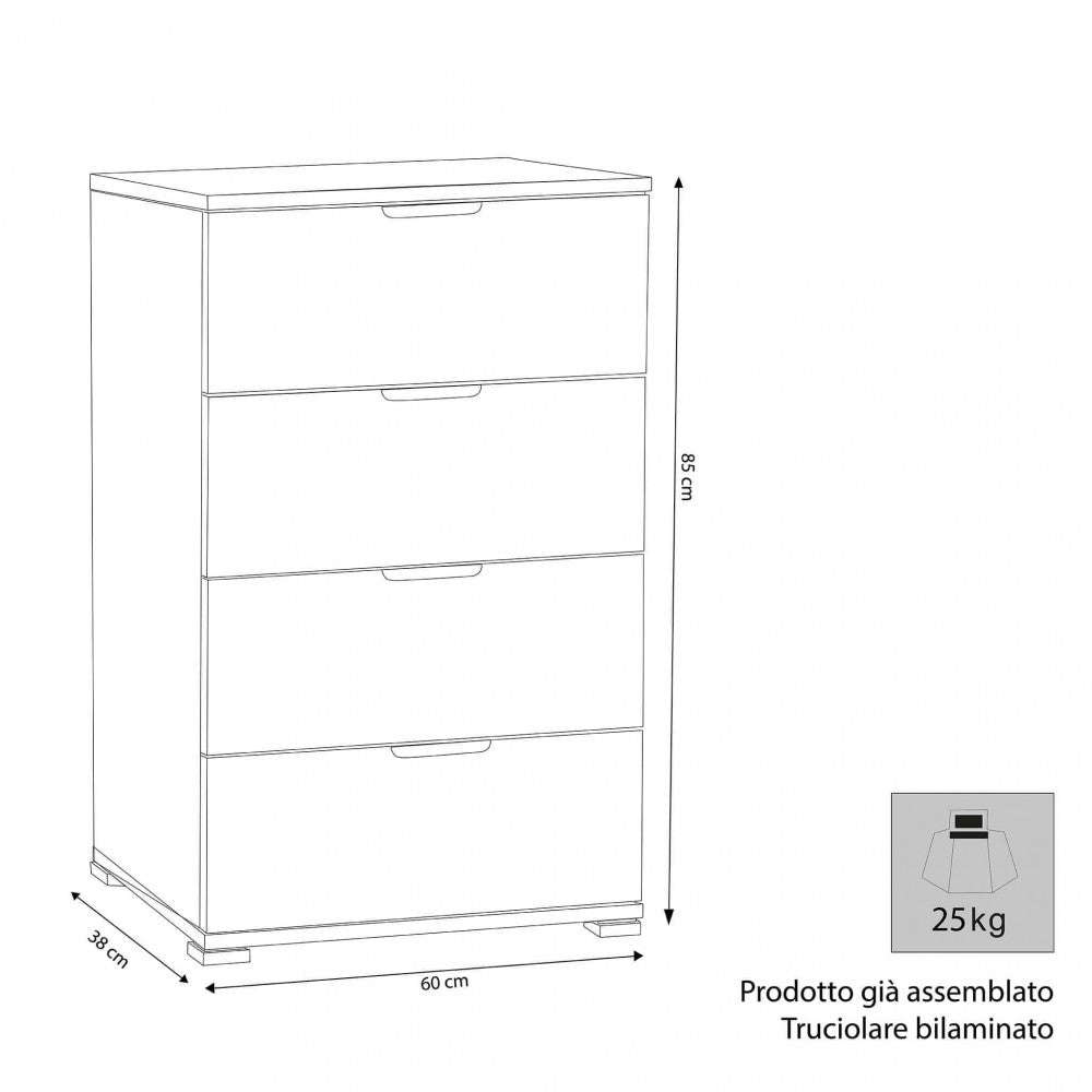 Cassettiera bianca 60x38x85 cm moderna e capiente