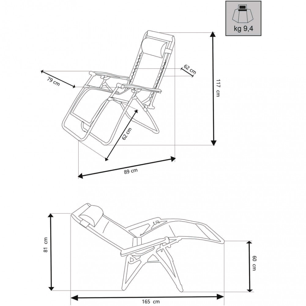Sdraio Comfort con Braccioli Basculante Nero Spiaggia Giardino
