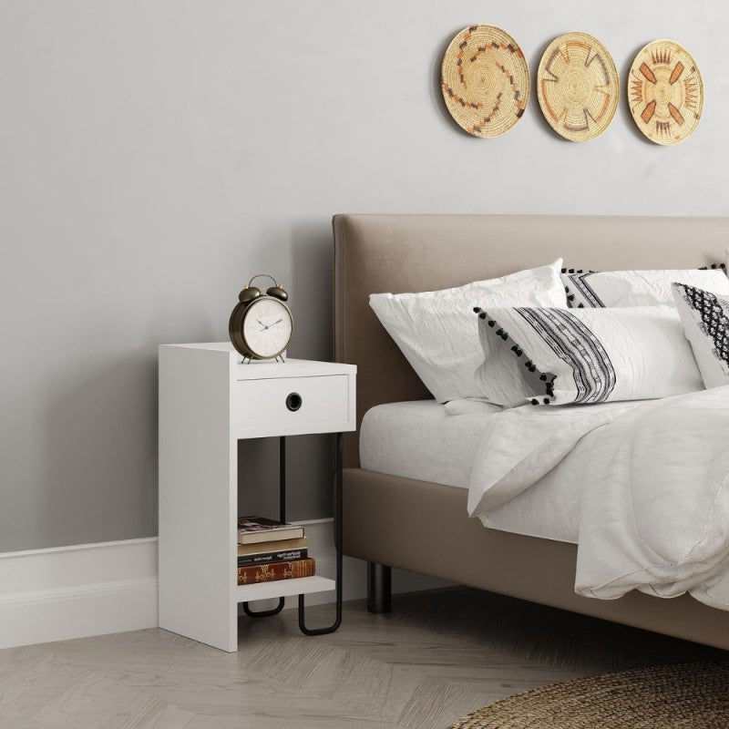Comodino Bianco con Cassetto e Gamba in metallo