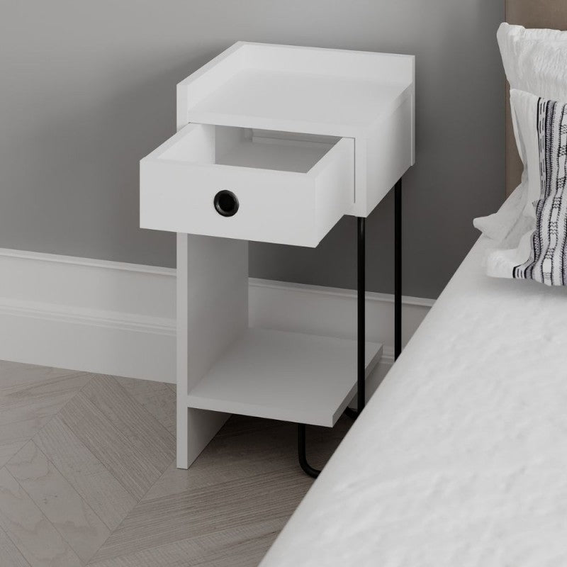 Comodino Bianco con Cassetto e Gamba in metallo