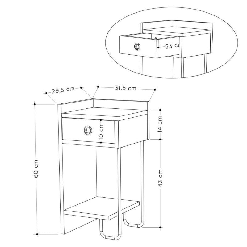 Comodino Bianco con Cassetto e Gamba in metallo