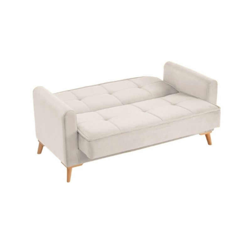 Divano Letto 2 Posti Marina Beige con Contenitore e Piedi in Legno
