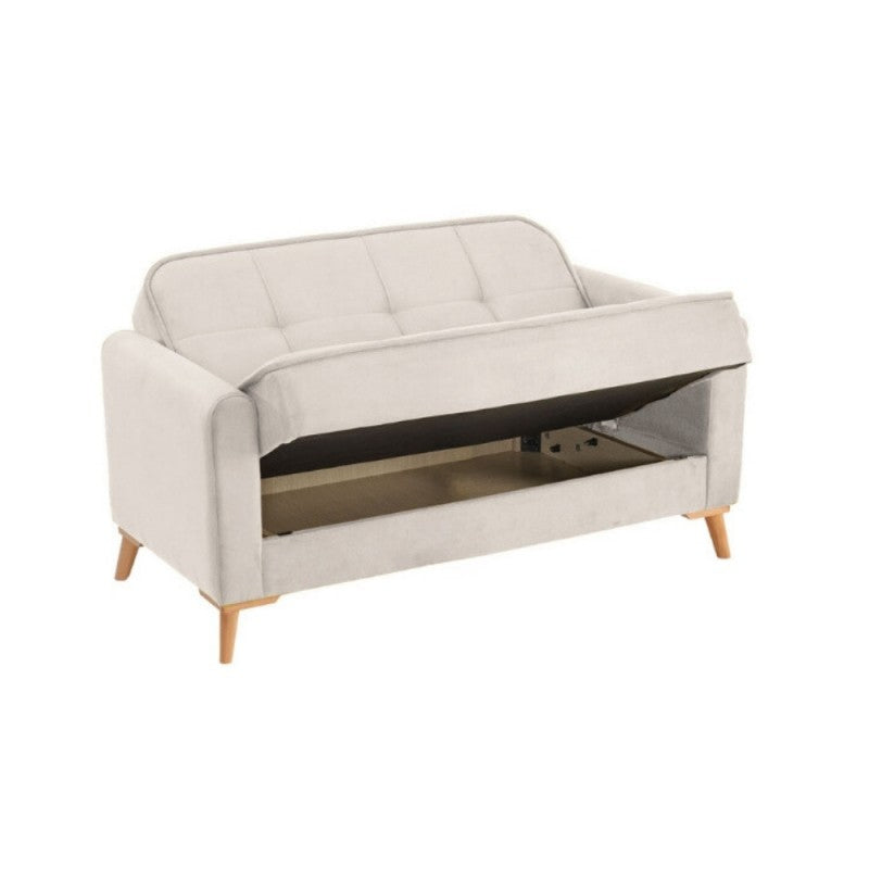 Divano Letto 2 Posti Marina Beige con Contenitore e Piedi in Legno