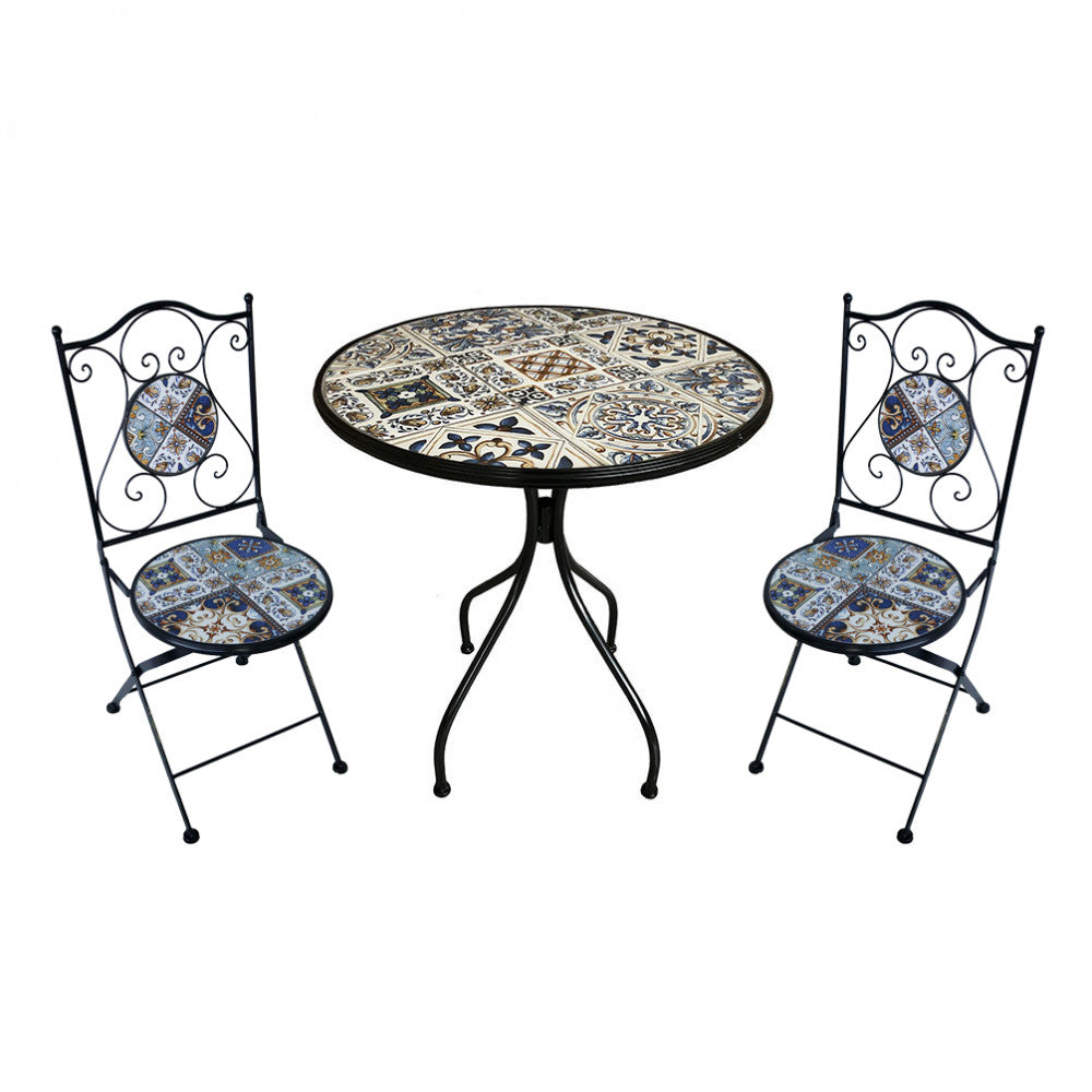 Set bistrot 2 sedie e tavolo rotondo Ø 60 cm beige azzurro pieghevole