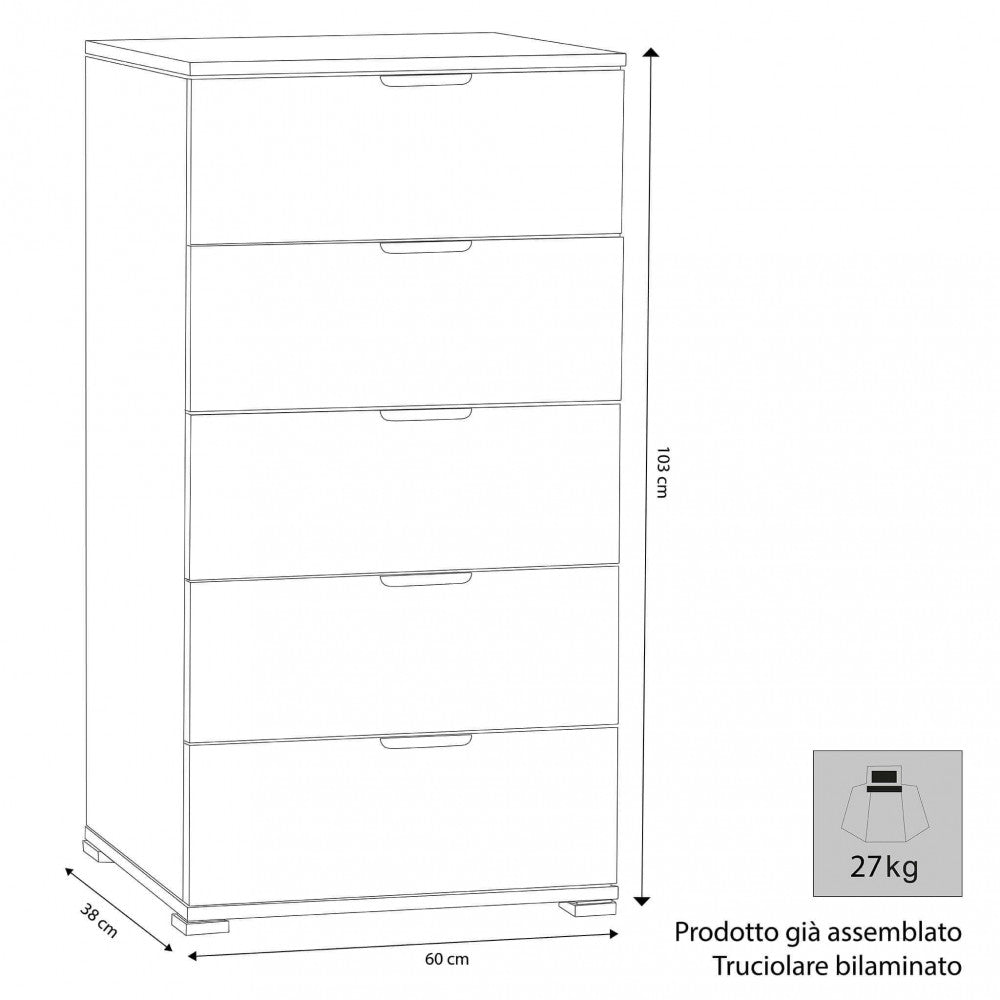 Cassettiera 5 cassetti bianca 60x38x103 cm