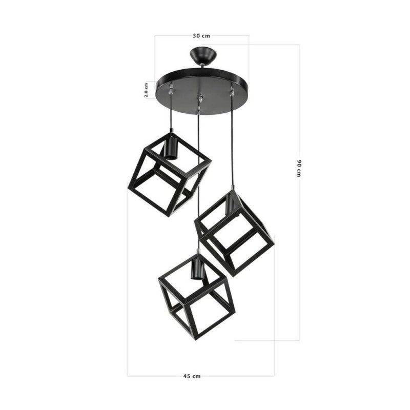 Lampada a Sospensione 3 Cubi Nera Moderna 90 cm