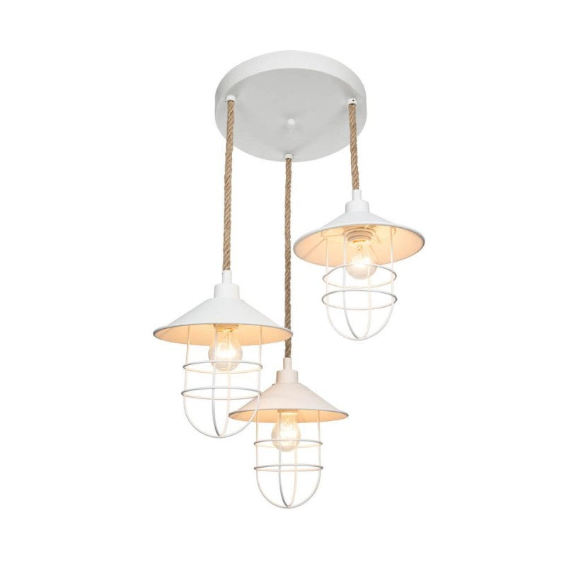 Lampada a Sospensione 3 Luci Bianca e corda iuta 90 cm