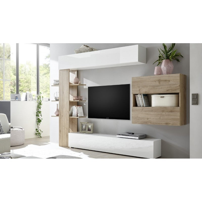 Mobile Porta Tv Parete Attrezzata Bianco Rovere Moderna Soggiorno Pensile Legno