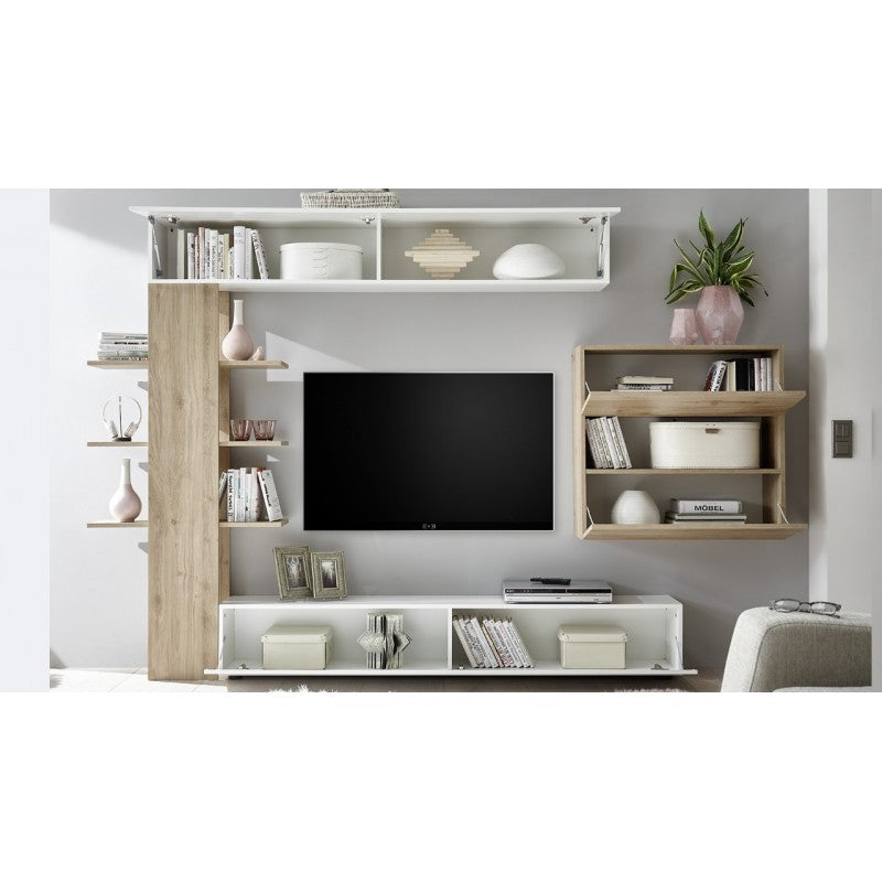 Mobile Porta Tv Parete Attrezzata Bianco Rovere Moderna Soggiorno Pensile Legno