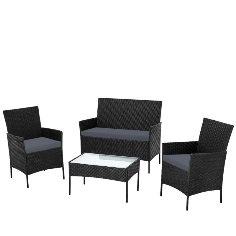 Salotto da Giardino in Rattan Nero con Tavolino e Cuscini
