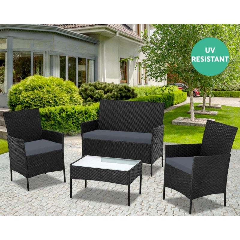 Salotto da Giardino in Rattan Nero con Tavolino e Cuscini