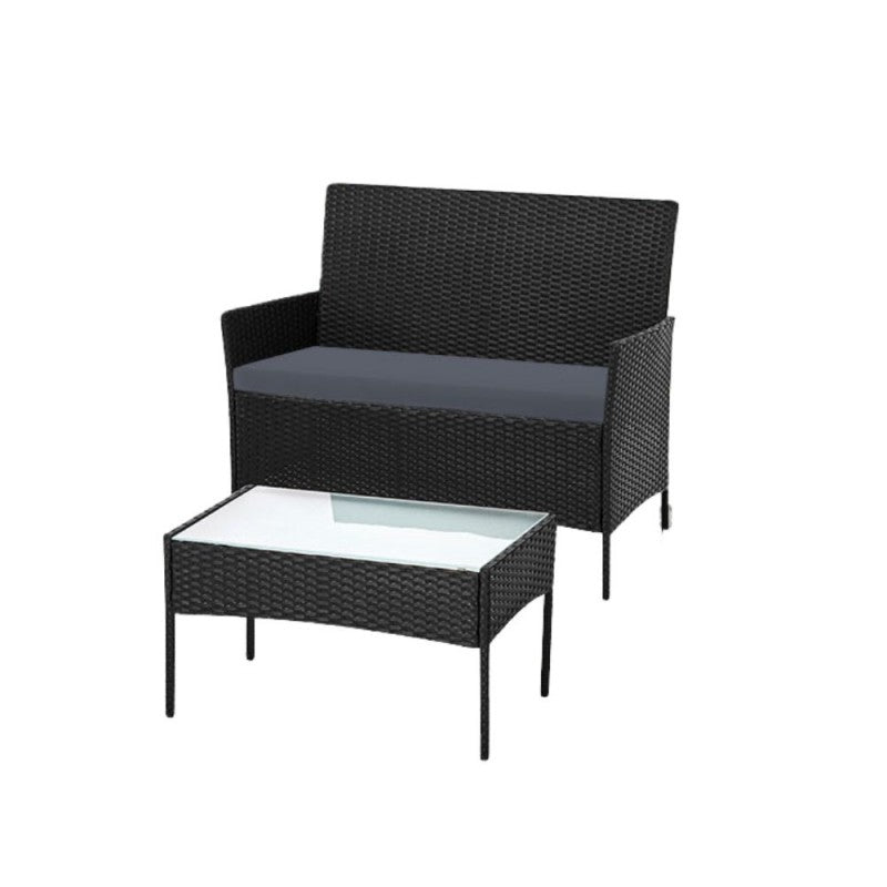 Salotto da Giardino in Rattan Nero con Tavolino e Cuscini