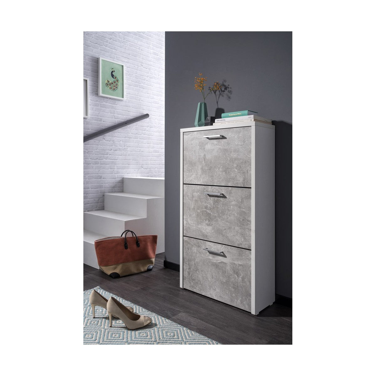 Scarpiera 3 Ante a Ribalta Mobile basso Scarpe 60 cm Grigio Bianco