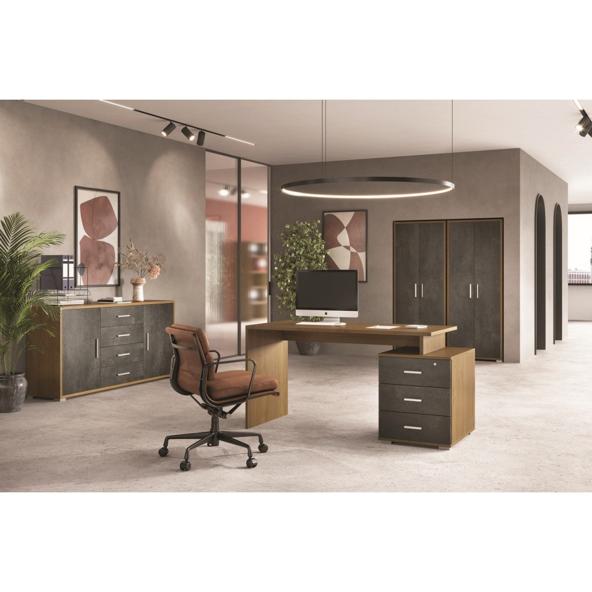 Scrivania 155 cm Noce Nero con Cassettiera in Legno Ufficio Cameretta