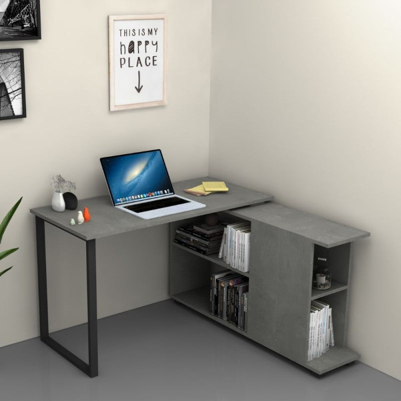 Scrivania Angolare da Ufficio con Libreria Grigio Cemento 120x60 cm
