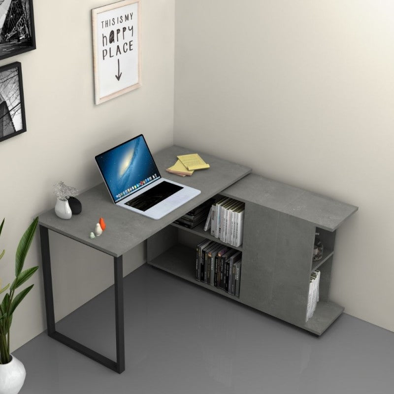 Scrivania Angolare da Ufficio con Libreria Grigio Cemento 120x60 cm