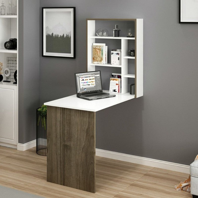 Scrivania a Scomparsa da Parete con Libreria Bianco e noce per Cameretta