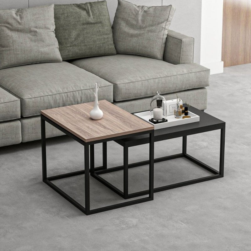 Set Tavolini da Salotto Nero e Noce con Struttura in Metallo