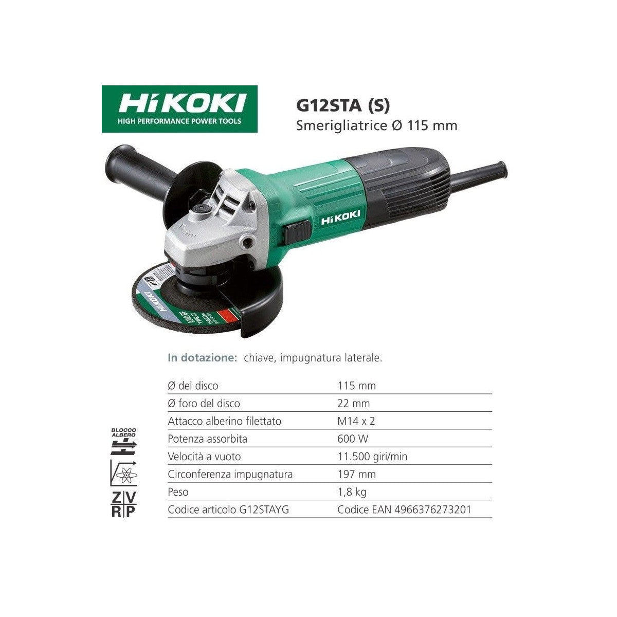 Smerigliatrice Angolare 600 w 115mm Hitachi Hikoki Elettrica frullino Flex Disc