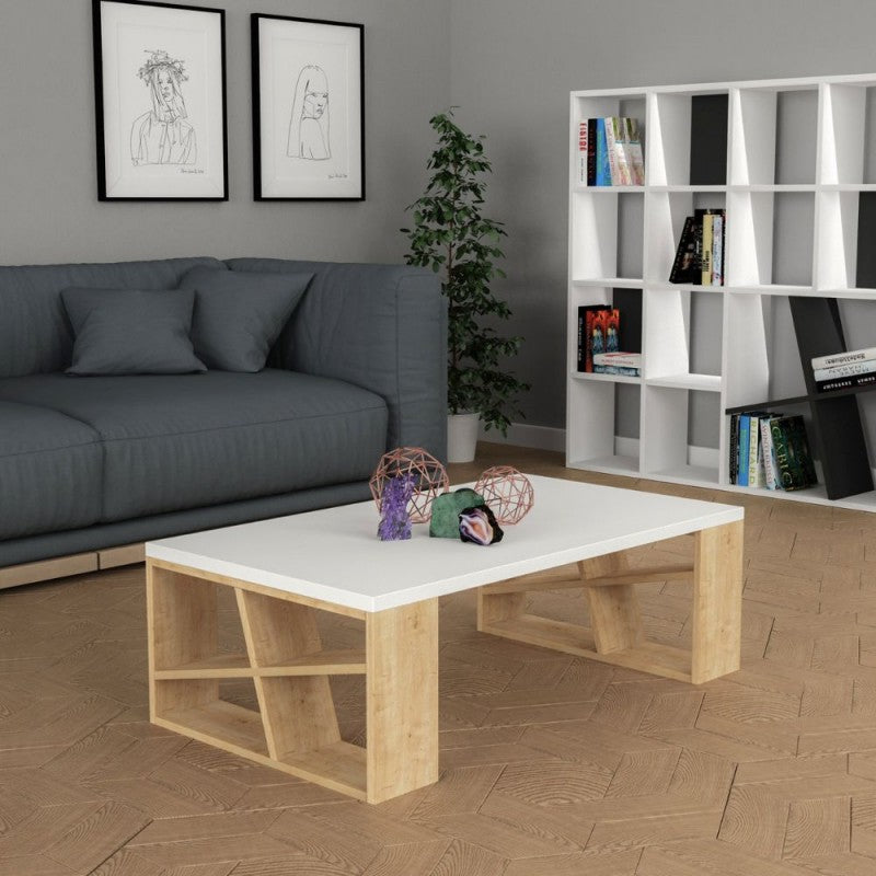 Tavolino da Salotto 105x60 cm Piano Bianco e Gambe Rovere