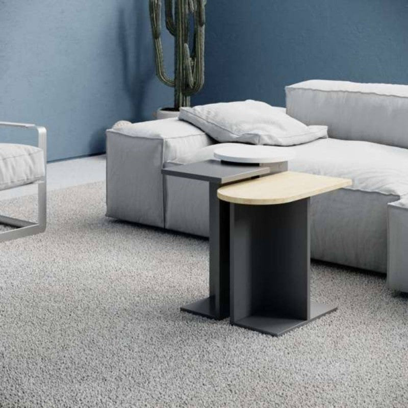 Set 3 Tavolini da Salotto Multiforma Antracite Rovere Bianco