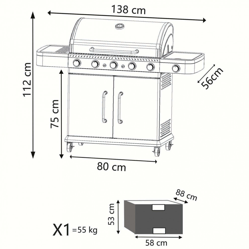 Barbecue a gas in acciaio inox 5 fuochi con fornello laterale