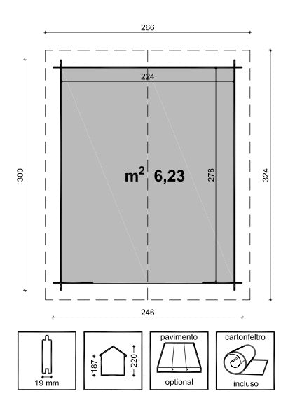 Casetta in Legno Abete Grezzo Blockhouse 246x300 cm con Porta Doppia