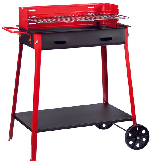 Barbecue con ruote 60x40 cm in acciaio con griglia cromata e paravento
