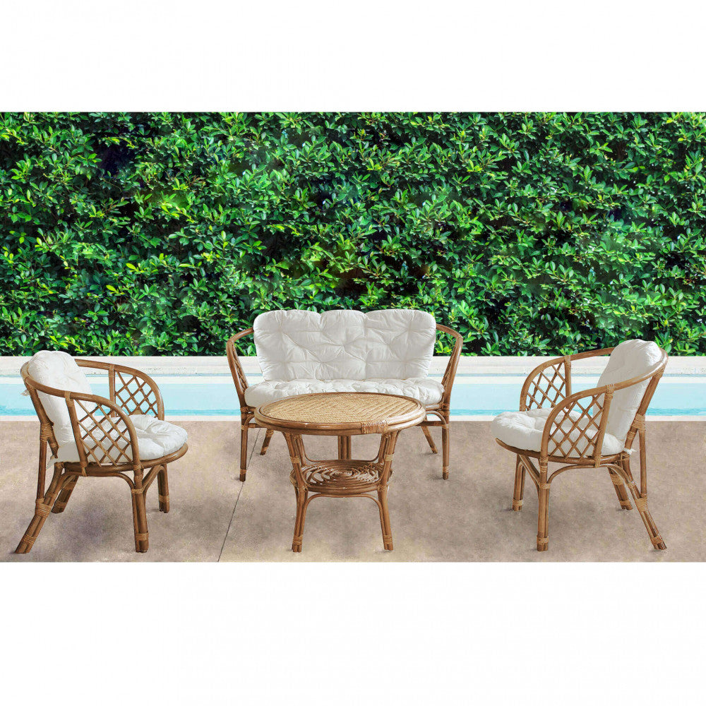 Set Salotto da Esterno Giardino in Midollino Marrone con Cuscini ecru