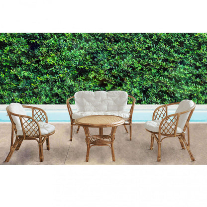 Set Salotto da Esterno Giardino in Midollino Marrone con Cuscini ecru