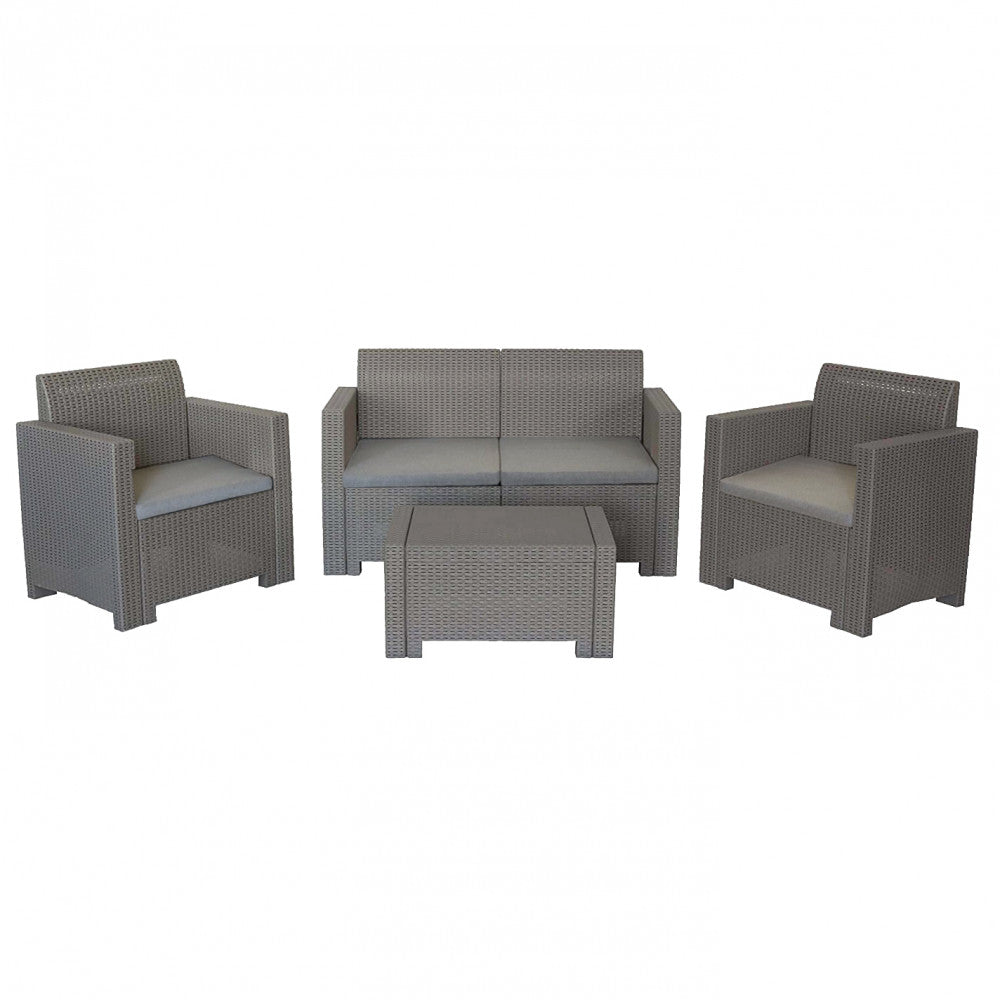 Salotto da Esterno in plastica effetto wicker tortora con Cuscini Balcone