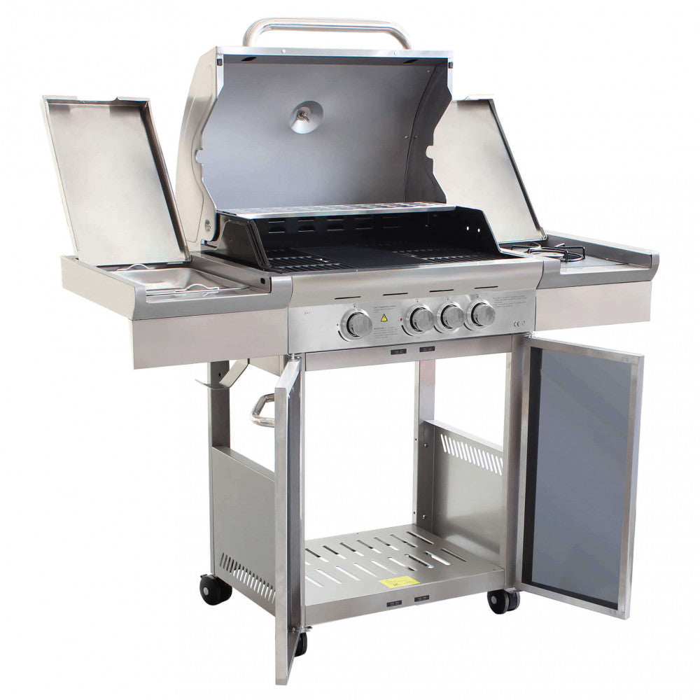 Barbecue a gas 4 fuochi in acciaio inox con griglie e piastra in ghisa