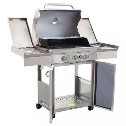 Barbecue a gas 4 fuochi in acciaio inox con griglie e piastra in ghisa