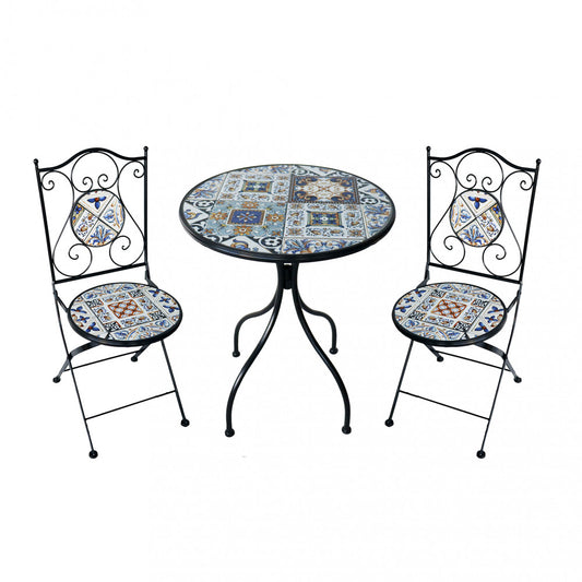 Set bistrot 2 sedie e tavolo rotondo Ø 60 cm blu/bianco pieghevole