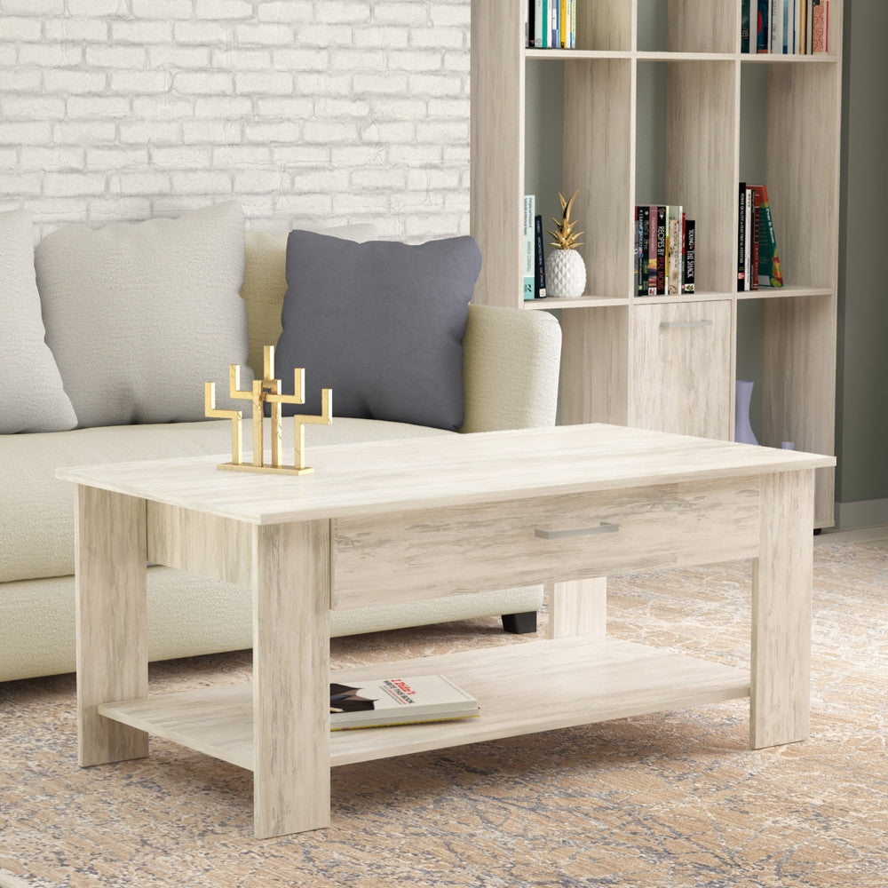 Tavolino da Caffè Rettangolare Mobile Basso con Ripiano in Legno di Pino