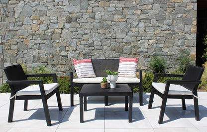 Salotto in polipropilene nero con cuscini beige, 3 pezzi 63x122,5x75 cm