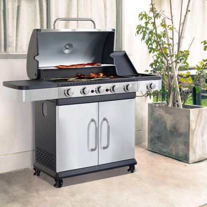 Barbecue a gas in acciaio inox 5 fuochi con fornello laterale