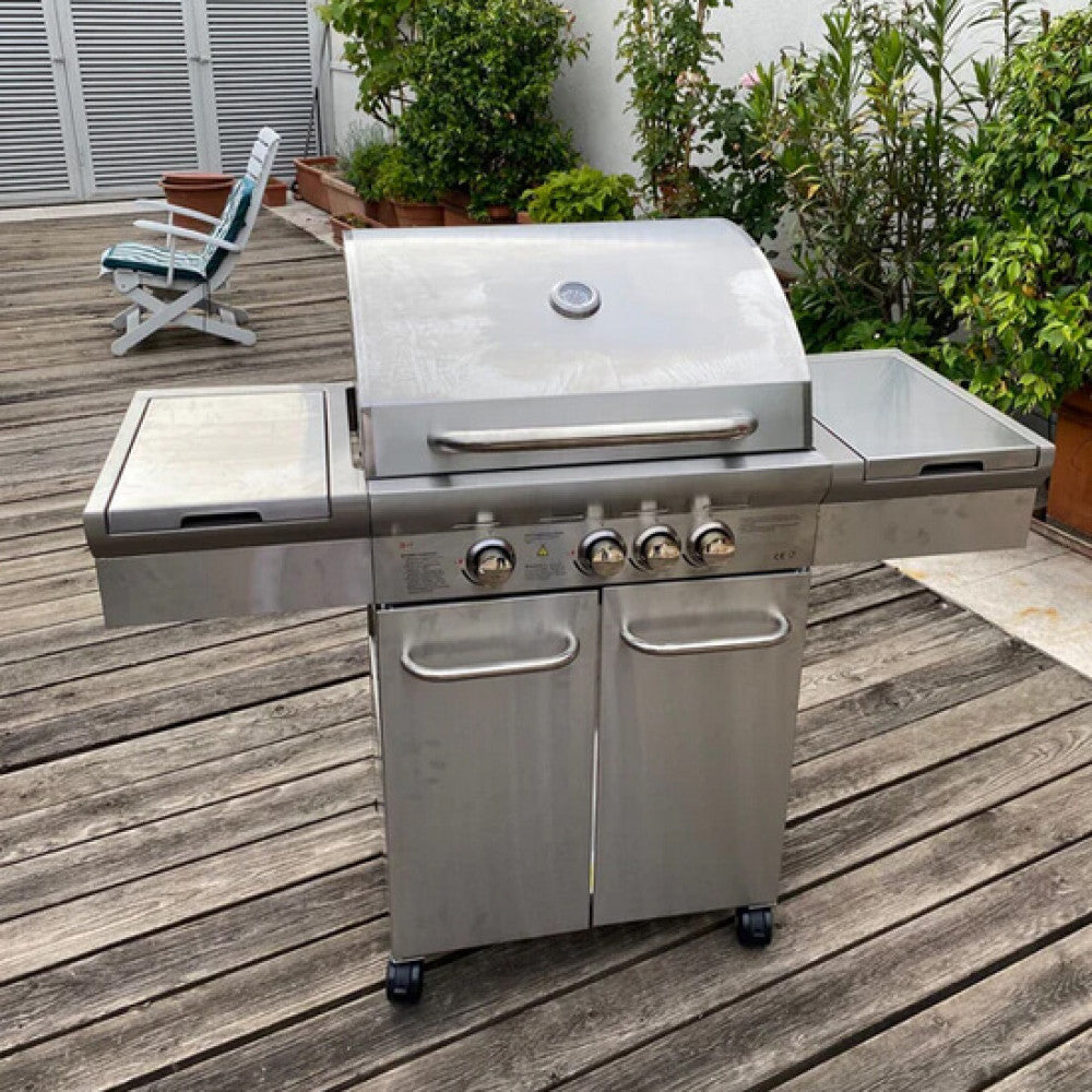 Barbecue a gas 4 fuochi in acciaio inox con griglie e piastra in ghisa
