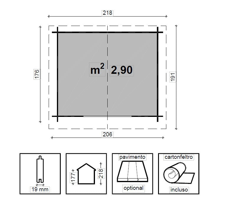 Casetta di Legno Impregnata 200x170 cm spessore 19 mmBox per Attrezzi Giardino