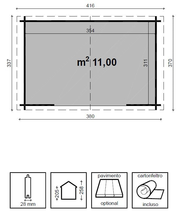 Casetta di Legno 380x370 cm Block House 28 mm Ripostiglio da Giardino