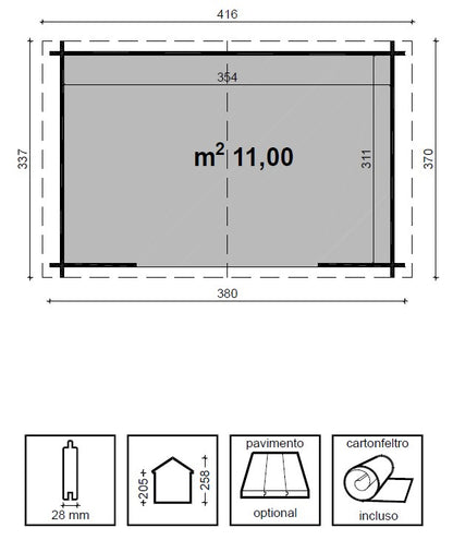 Casetta di Legno 380x370 cm Block House 28 mm Ripostiglio da Giardino