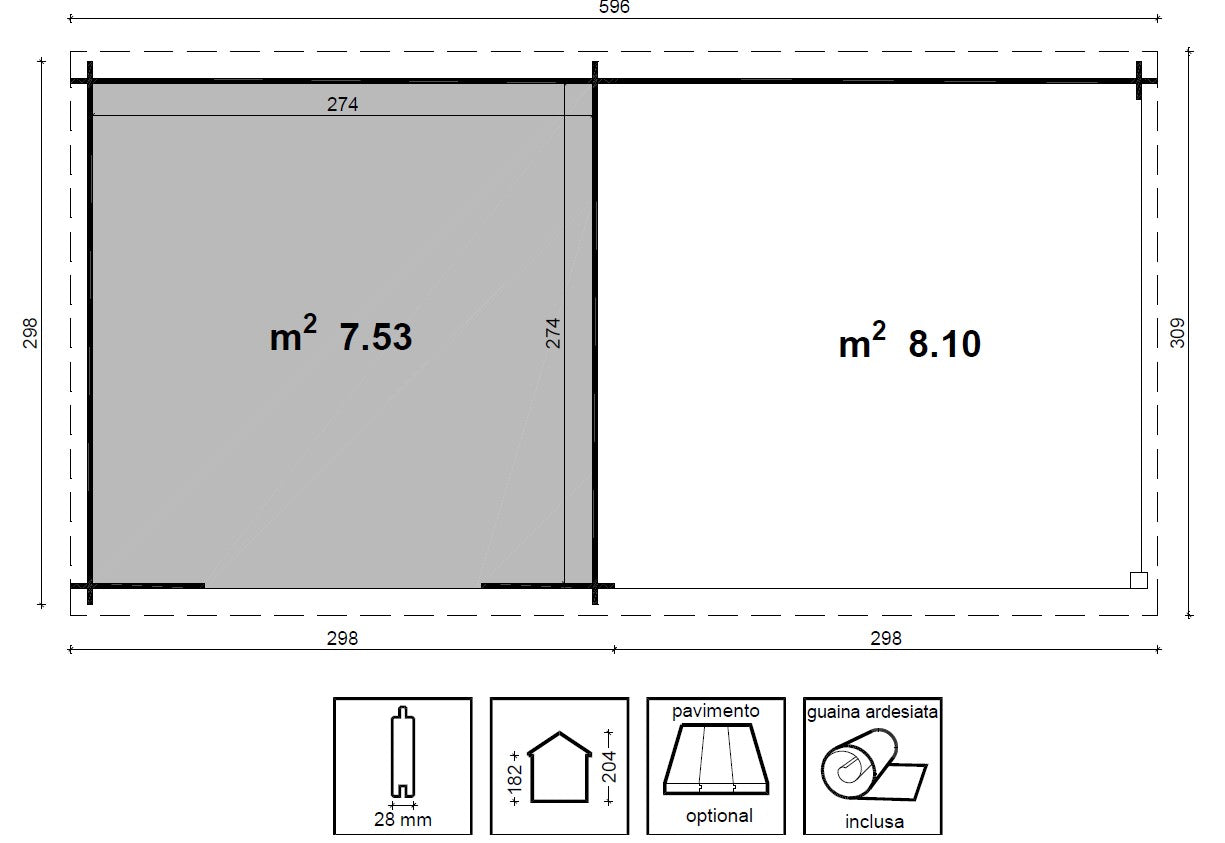 Casetta 300x300 con Porticato 300x300 Block House Legno 28 mm per Giardino
