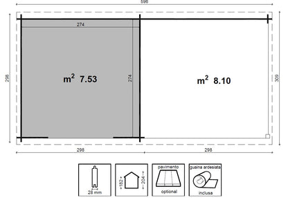Casetta 300x300 con Porticato 300x300 Block House Legno 28 mm per Giardino