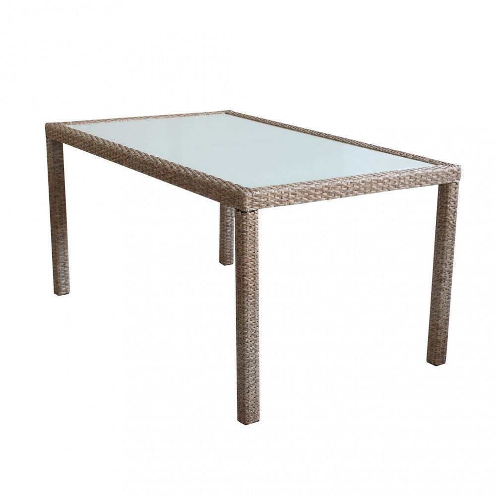 Tavolo da Giardino Rettangolare 150x90 cm in Wicker e Acciaio con Piano in Vetro